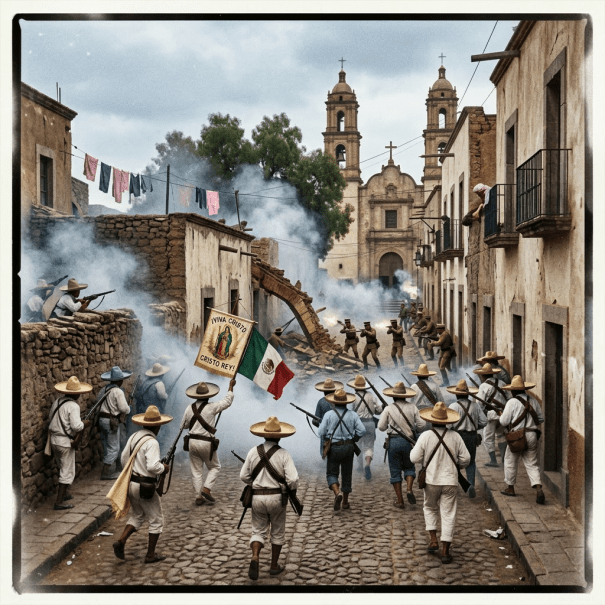 Group of men dressed as soldiers with rifles and flags advancing on a cobblestone street during a smoky battle reenactment with a church in the background